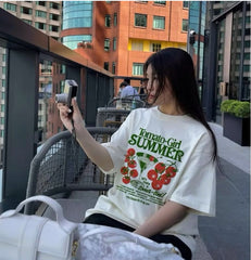 Organic Girl Summer T-Shirt – Cherry Juice Cocktail Print Oversized Tee